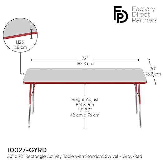 FDP Rectangle Activity School and Office Table (30 x 72 inch), Standard Legs with Swivel Glides, Adjustable Height 19-30 inches - Gray Top and Red Edge