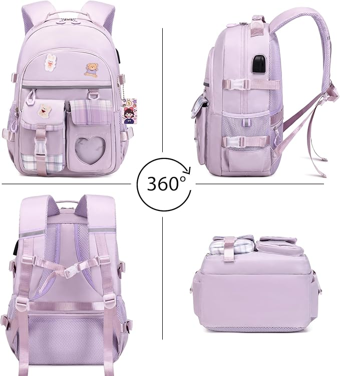 Backpack for Girls - Bookbag Backpacks Schoolbag for Girls Kids Teen Women Casual Travel Daypacks - School Bag Elementary Middle School College Cute Backpack with Lunch Box (Purple)