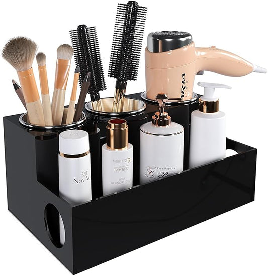 Hair Tool Organizer, Black Acrylic Hair Dryer Holder with 3 Cups, Bathroom Supplies Countertop Blow Dryer Holder, Vanity Caddy Storage Stand for Accessories, Makeup, Toiletries