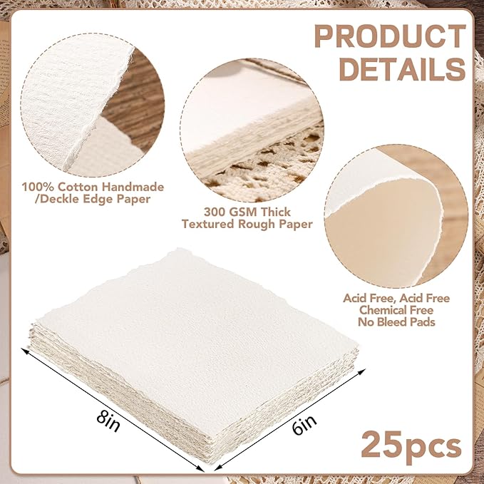 Prudiut 25 Sheets Watercolor Paper, 300 GSM Deckled Edge Paper 6 x 8 inch Rough/Textured Handmade Paper Cotton Paper White Textured Paper for Watercolors, Wedding Invitations, Cards, Crafts