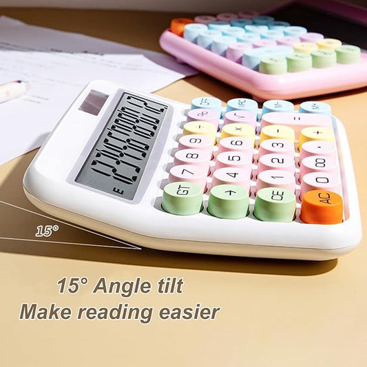 Mechanical Calculator, Cute Calculator for Daily and Basic Office, 12 Digit Display Vintage Typewriter Style Solar Powered Battery Powered Pink (not inculde Battery)