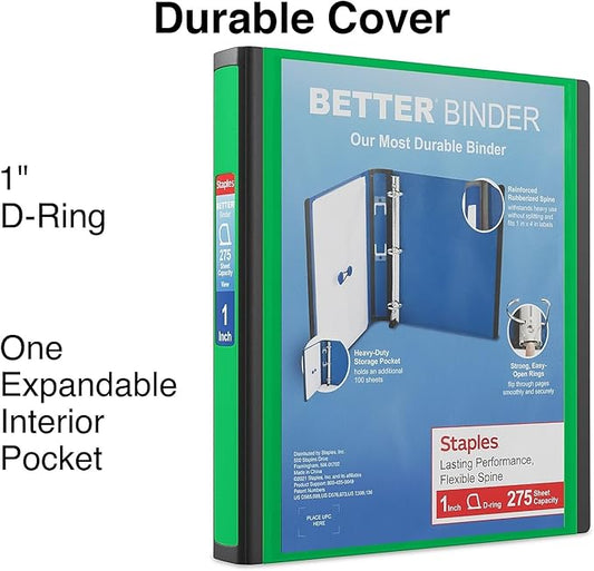 STAPLES 827602 Better 1-Inch D 3-Ring View Binder Green (19063)