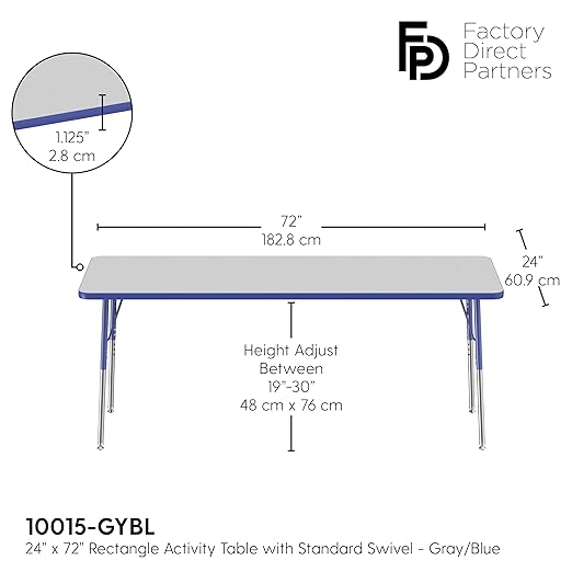 FDP Rectangle Activity School and Office Table (24 x 72 inch), Standard Legs with Swivel Glides, Adjustable Height 19-30 inches - Gray Top and Blue Edge