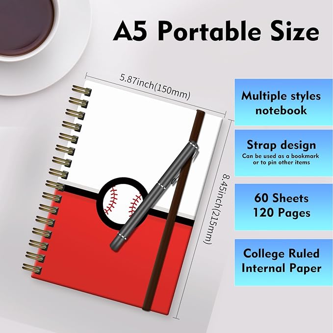 Bansutay Spiral Journal Notebook, A5 Cute Notebooks for Women Men, College Ruled Hardcover Notebook for Work & Note Taking, 60 Pages Double-Wire Journals for Writing (white red ball)