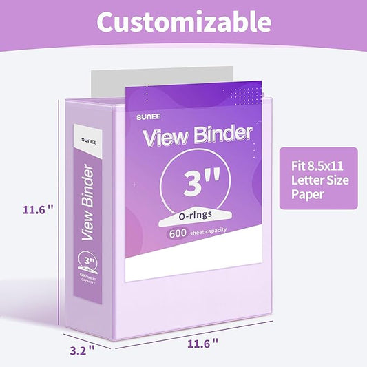SUNEE 3 Ring Binder 3 Inch 1 Pack, Clear View Binder Three Ring PVC-Free (Fit 8.5x11 Inches) for School or Office Supplies, Purple