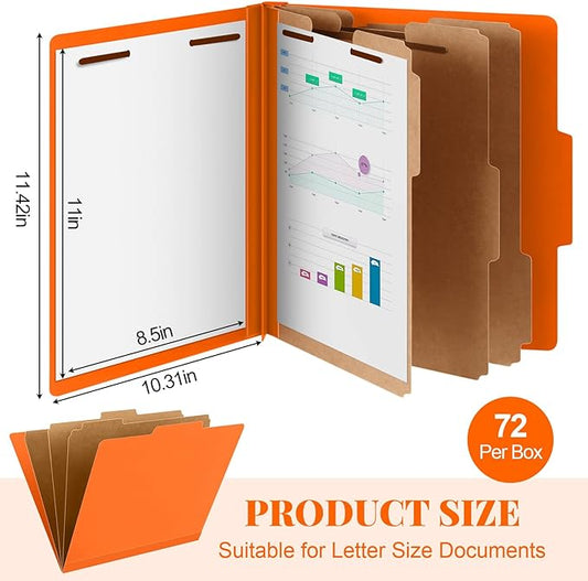 72 Pcs Classification Folders Letter Size, 3 Divider Pressboard File Folder with Fasteners, Expanding File Organizer Bulk for Teachers, Clergy, Office, Church, Christmas Donations (Orange)