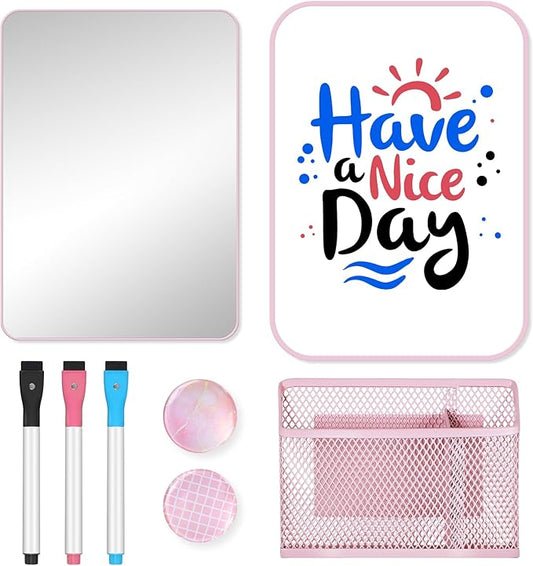 8PCS Pink Locker Accessories for Girls with Magnetic Mirror & Whiteboard, Magnetic Pen Holder, Dry Erase Markers, Magnets, Cute Locker Organizer & Decorations for Back to School Essentials
