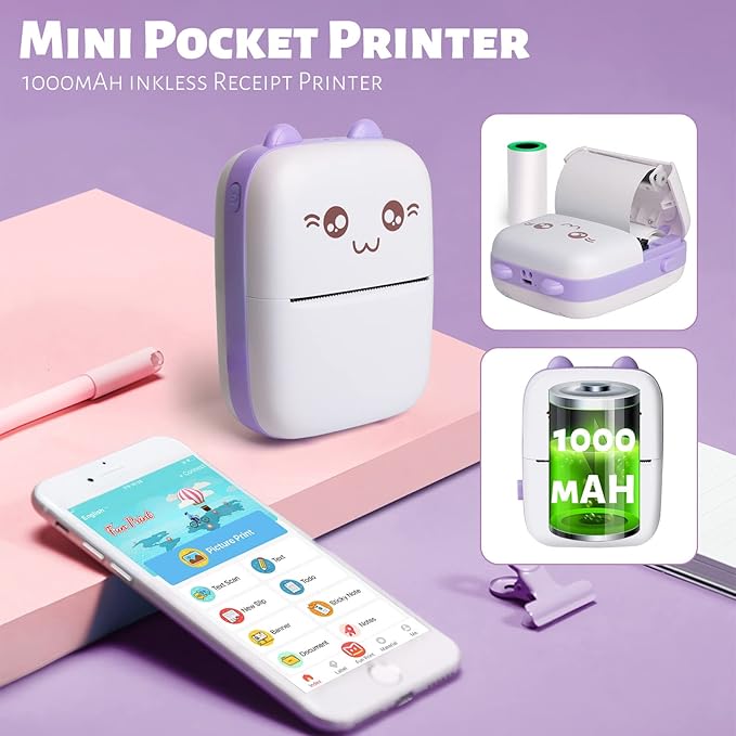 Mini Pocket Bluetooth Printer-Portable Thermal Printer with 10 Roll Papers for Journal/DIY Scrapbook/Travel/Notes/Lists/Label/Memo, Receipt Printer for Children Women Gifts Kids Christmas IOS&Android