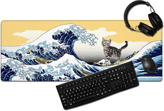 Funny Cat Surfing The Great Wave Off Kanagawa Mouse Pad - Large Non-Slip Desk Mat for Office, PC, Laptop - 31.5"x11.8" x 3mm