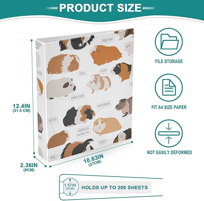 Hand Drawn Animal Guinea Pig Decorative 3 Ring Binder 2 Inch Large View Binders with Pockets File Organizer for Office College School, 1Pack