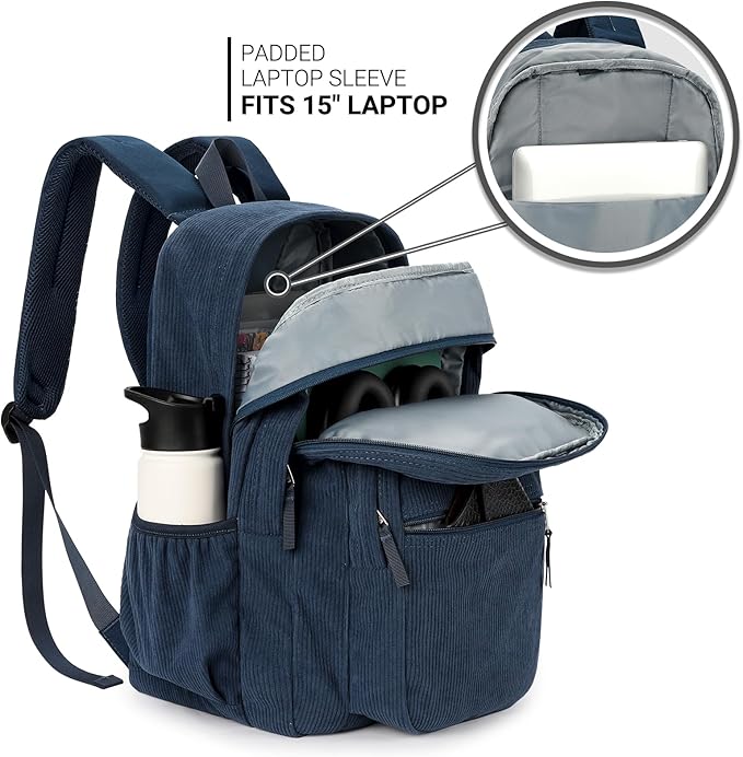 ZORFIN 26L Backpack for School, College, and Travel: Corduroy Bookbag with 8 Compartments - Midnight Blue
