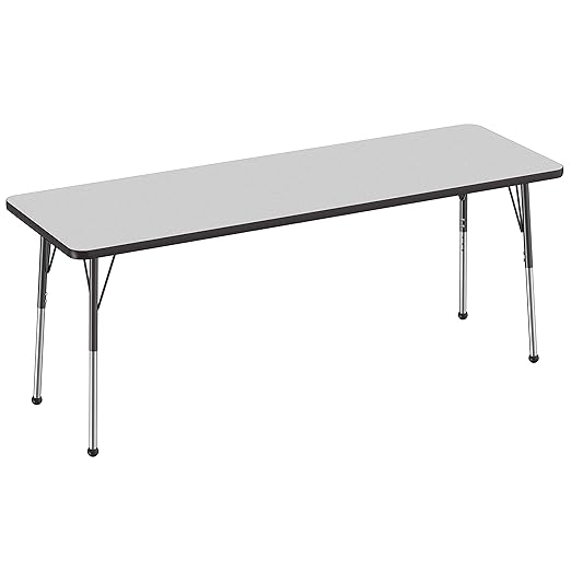 FDP Rectangle Activity School and Office Table (24 x 72 inch), Standard Legs with Ball Glides, Adjustable Height 19-30 inches - Gray Top and Black Edge