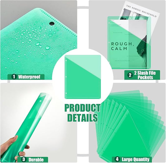 Seajan 48 Pcs Pocket Folders for 3 Ring Binder Clear Plastic Folders Sleeves with 2 Pockets 3 Hole Punch Binder Dividers Poly Slash File Jackets for Office School Document Organizer (Green)