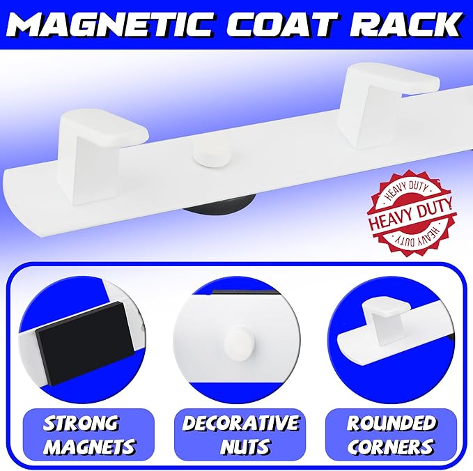 ULIBERMAGNET Magnetic Coat Hooks,Heavy Duty Magnetic Rack,Strong Rubber Magnetic Hanger for Refrigerator,Metal Cabinet,Door,Hanging Coat, Towel, Bag, Scarf, Helmet(White/3 Hooks)