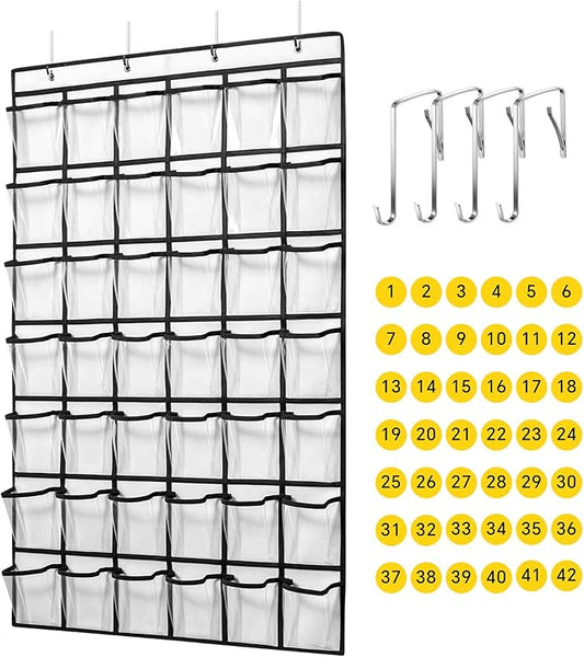 42 Clear Pockets Classroom Pocket Chart for Cell Phones and Calculator, Pocket Chart Organizer for Classroom Phone Storage Holder with 42 Number Sticker and Hooks (White)