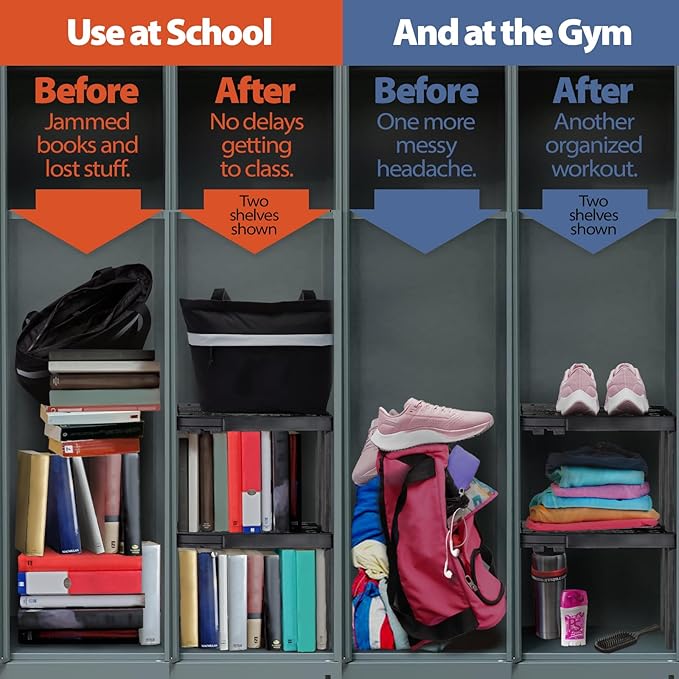 Locker Organizer Shelf, Adjustable Width and Height, Ideal for School, Office, and Gym Lockers (Black 2 Pack)