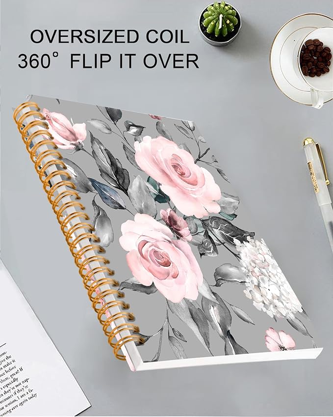 iampanda Spiral Journal Notebook,Strong TwinWire Binding with Premium Paper for Girl Women,Watercolor Floral 60 Sheets A5 College Ruled NotebookJournal,Perfect for School Office Home Gifts,Gray