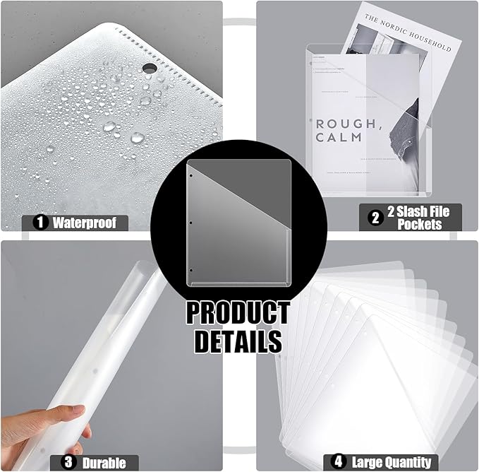 Seajan 100 Pcs Pocket Folders for 3 Ring Binder Clear Plastic Folders Sleeves with 2 Pockets 3 Hole Punch Binder Dividers Poly Slash File Jackets for Office School Document Organizer (White)