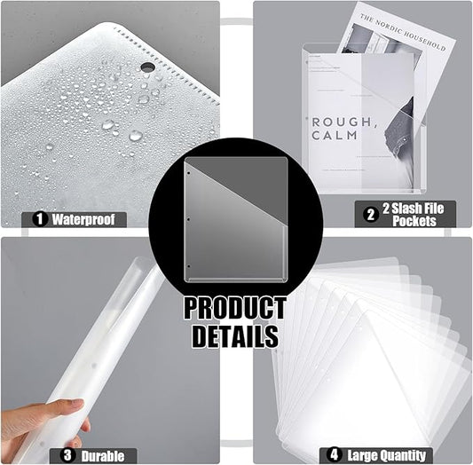 Seajan 100 Pcs Pocket Folders for 3 Ring Binder Clear Plastic Folders Sleeves with 2 Pockets 3 Hole Punch Binder Dividers Poly Slash File Jackets for Office School Document Organizer (White)