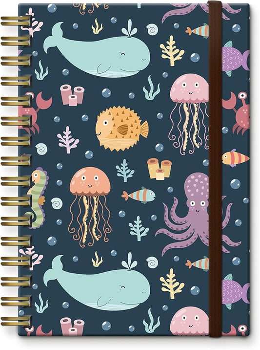 Cute Spiral Journal Notebook,A5 Hardcover Lined Journals for Women Girl 6 x 8.3 in,120 Pages Thick Paper,Cute College Ruled Writing Notebook for Gifts Office Work School (Cute Whale jellyfish)