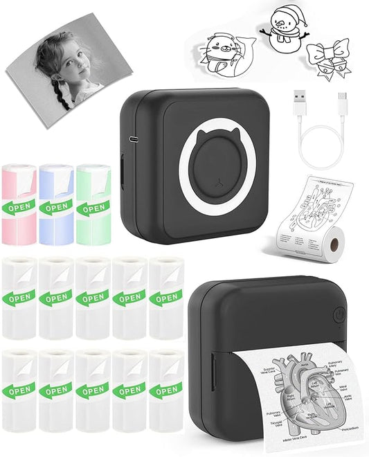 Sticker Printer - Print Pods Mini Printer with 14 Rolls Sticky Papers, Portable Sticker Maker Machine, Thermal Label Maker, Thermanote Phone Labeller for Photos Pictures Notes Graphics, Black