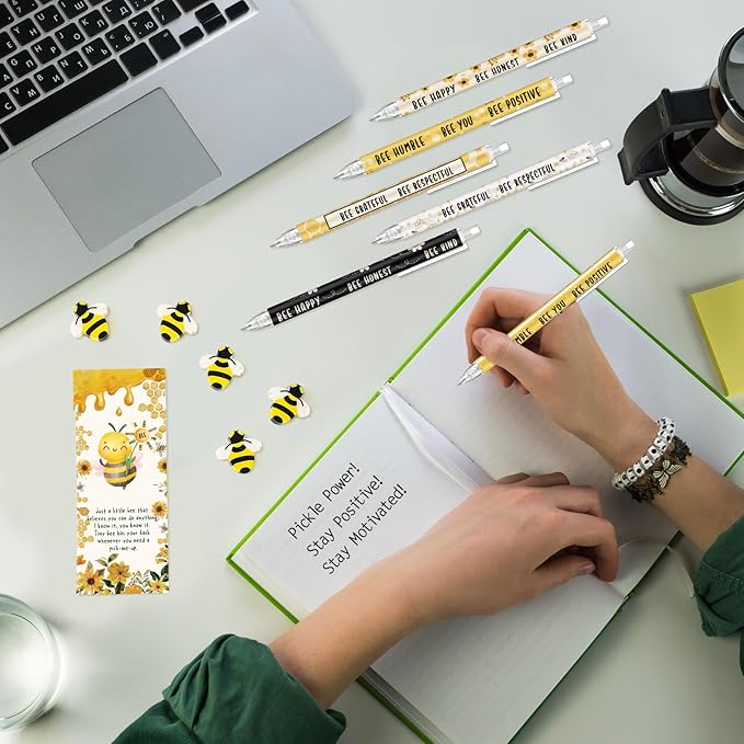 30 Sets Inspirational Bee Gifts Bulk 6 Styles 0.7 mm Motivational Mechanical Pencils with Erasers Positive Cards Back to School Gifts for Student Teacher Coworker Office Supplies