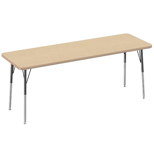 FDP Rectangle Activity School and Office Table (24 x 72 inch), Standard Legs with Swivel Glides, Adjustable Height 19-30 inches - Maple Top and Maple Edge