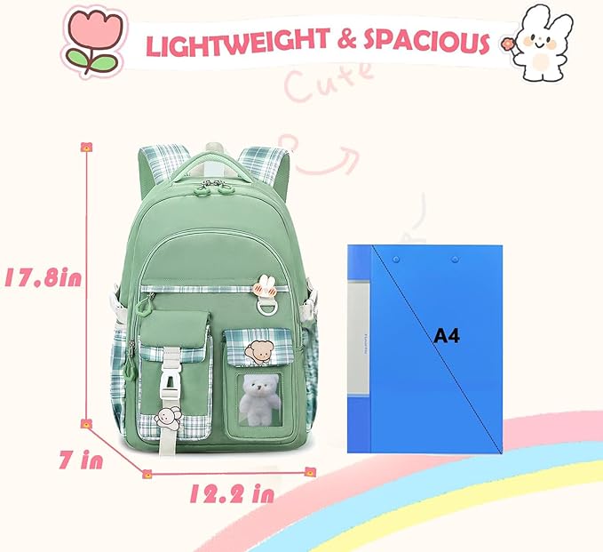 Girls Backpack，Cute School Backpack for Girls Kids Teens，Kawaii Bookbag for Primary Elementary，Green