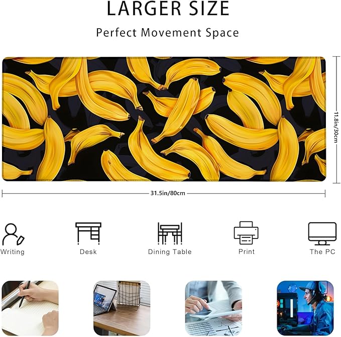 Banana Pattern Gaming Mouse Pad Gifts 31.5" x 11.8", Non-Slip Rubber Base MousePads for Computers Laptop School Office Home Accessories Decor, Mouse Pad, Keyboard Desk Mat