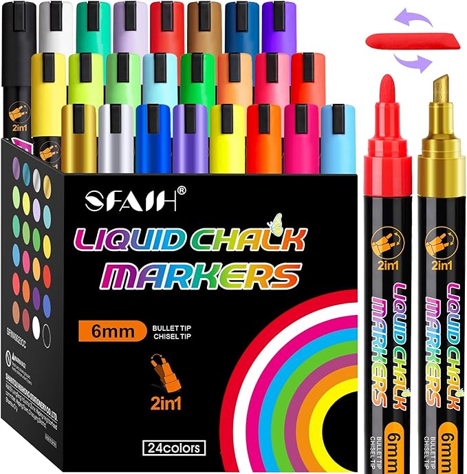 SFAIH 24 Vibrant Chalk Markers for Blackboard [1s Wet Wipe] - No Residue, Liquid Chalk Markers for School Sign Board, Calendar, Car Windows, Glass, Bistro, Non-Toxic, Zero Dust, 6mm Reversible Tip