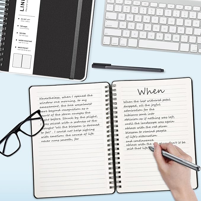 Lined Spiral Journal Notebook, A4 Spiral Notebook, 8.5''×11'' 100GSM Thick Paper Spiral Bound Journaling Notebooks for Work, School, Women, College Ruled Spiral Notebook for Note Business, Black