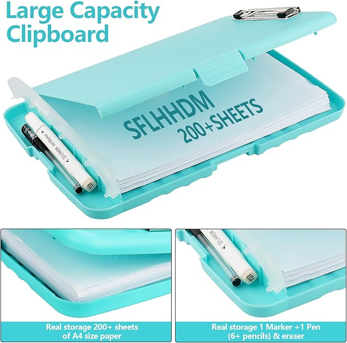 Clipboard with Storage,A4 Clipboards with Pen Holder,Heavy Duty Plastic Storage Clipboard with Low Profile Clip,Nursing Clipboards Folder Side-Opening,Smooth Writing Clip Board for Office-Blue Green
