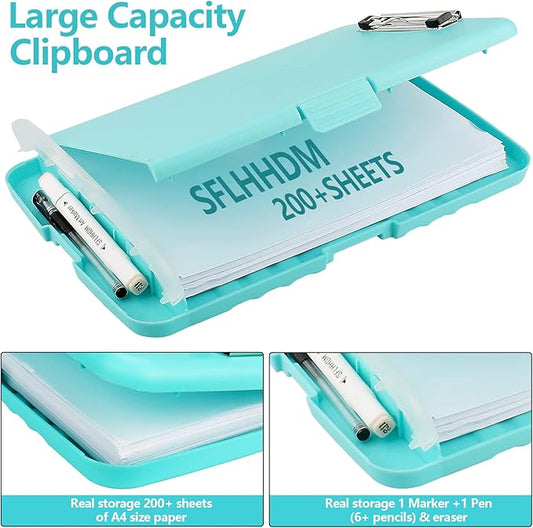 Clipboard with Storage,A4 Clipboards with Pen Holder,Heavy Duty Plastic Storage Clipboard with Low Profile Clip,Nursing Clipboards Folder Side-Opening,Smooth Writing Clip Board for Office-Blue Green