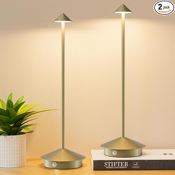 2-Pack 6000mAh Rechargeable Led Table Lamp Cordless,3000K-6000K Stepless Dimming Touch Lamps with Memory Function,IP54 Waterproof Aluminum Table Light for Outdoor/Bars/Restaurant/Patio(Gold)