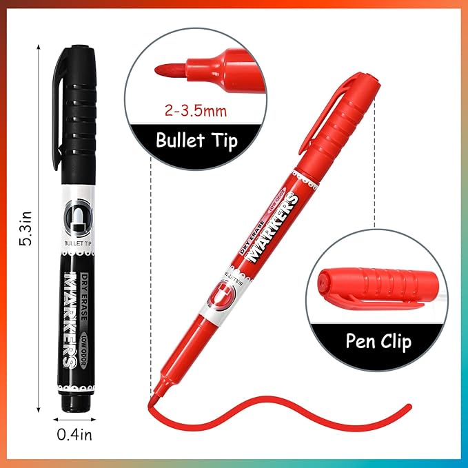 Dry Erase Markers, Bullet Tip Whiteboard Markers, Low Odor Thick Dry Markers, 12 pack Assorted Colors for Kids/Teachers (12 Count 12 Colors)
