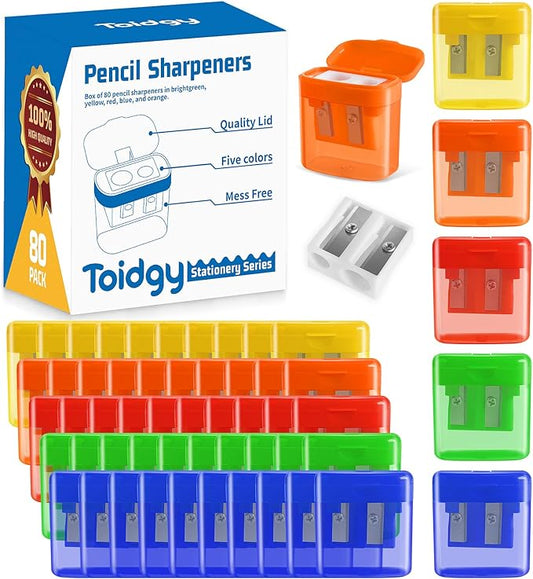 80 Pack Pencil Sharpeners Bulk for Kids, Double Hole Handheld Pencil Sharpener for Classroom, Colored Manual Pencil Sharpener with Cover, Small Pencil Sharpeners Back to School Supplies