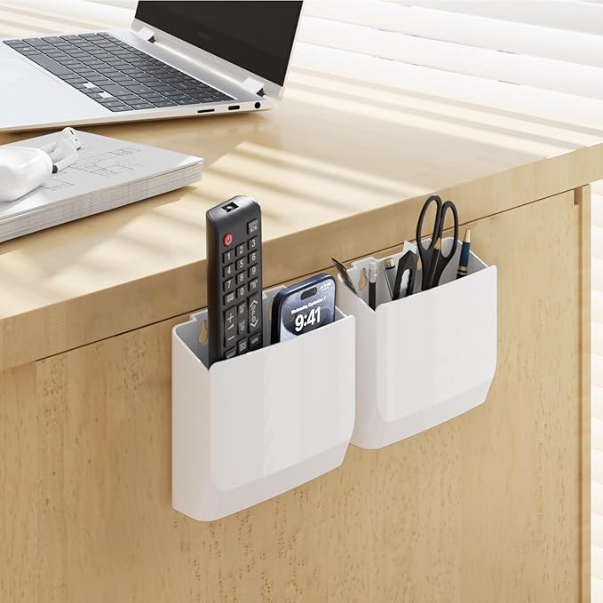 WALI Remote Control Holder Wall Mount, TV Remote Wall Holder Pocket, Bedside Shelf, 5 Inch Hole-Free, for 2 or 3 Media Controls (WMH001-W)