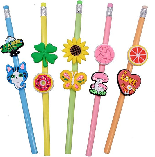 YEALQU 60PCS Random Different Pencil Topper Decoations Cute PVC Pencil Toppes Lovely Black Clip for Pupil/Junior Students Gifts Awards