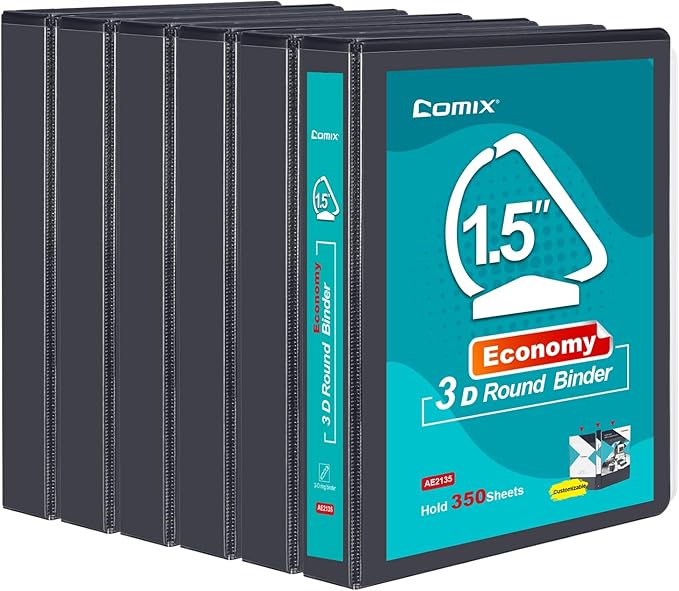 COMIX 3 Ring Binder,1.5 inch Slant-D Clear View Cover with Pockets, Holds 350 Sheets of US Letter Size Paper, Black Binder for School Office and Home, 6 Pack
