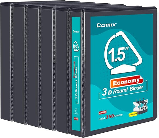 COMIX 3 Ring Binder,1.5 inch Slant-D Clear View Cover with Pockets, Holds 350 Sheets of US Letter Size Paper, Black Binder for School Office and Home, 6 Pack