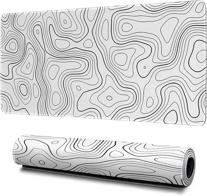Topographic Contour Gaming Mouse Pad White Large Mouse Pad for Keyboard and Mousepad Desk Mat with 3mm Non-Slip Base and Stitched Edge for Gaming and Office Computer Mat Protector Mat 31.5x11.8 Inch