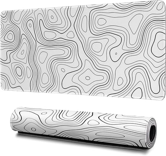 Topographic Contour Gaming Mouse Pad White Large Mouse Pad for Keyboard and Mousepad Desk Mat with 3mm Non-Slip Base and Stitched Edge for Gaming and Office Computer Mat Protector Mat 31.5x11.8 Inch