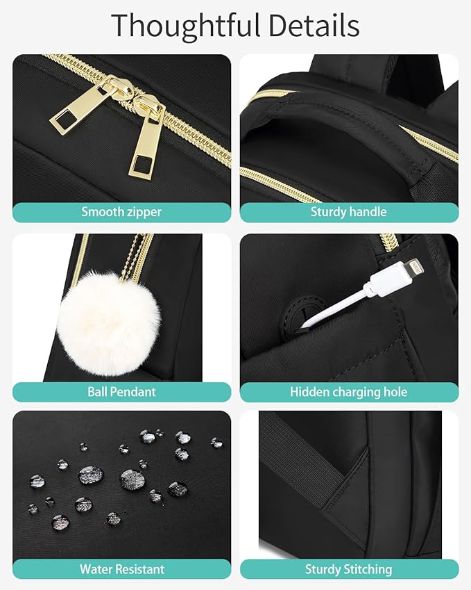 Laptop Backpack Women, Aesthetic Highschool Backpack for Girls Cute Black Backpack for College Students Nursing Commuter Work Travel