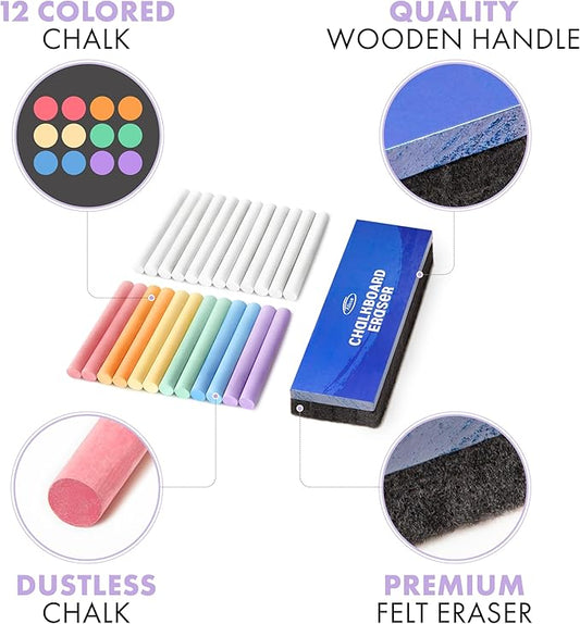 Dustless Chalkboard Chalk - Set of 12 Colored & 12 White Chalk Sticks - Sketching, Drawing, Writing Supplies for Classroom, Home Schooling, Cafe Menu, Sidewalk Art