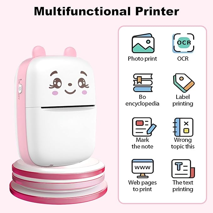 Mini Sticker Printer, Inkless Sticker Printer with 5 Rolls Pape, Bluetooth Smart Pocket Compatible with iOS & Android, Portable Thermal Printer for PicturesRetro-Style Photos(Pink)