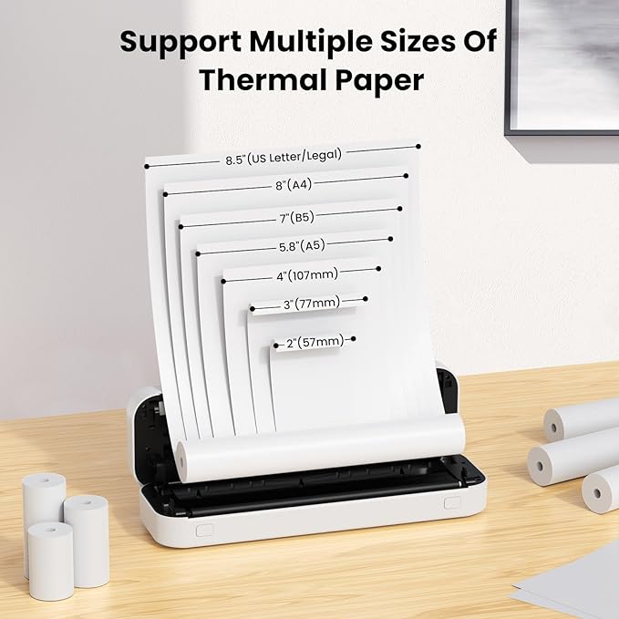 Portable Printer for Travel, Bluetooth Thermal Printer Supports 8.5 x 11 Inch US Letter Size, Compatible with Android and iOS & Laptop Inkless Mobile for Office, Car, School