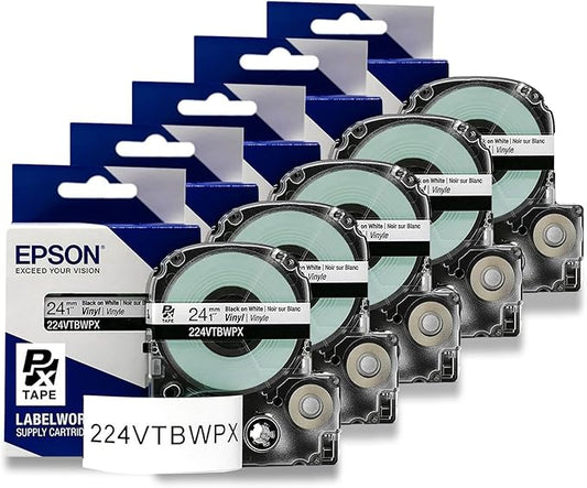 Epson LABELWORKS 224VTBWPX-5PK Genuine Tape Cartridge - 5 Unit Pack of Black on White Flexible and Durable Vinyl Industrial Label Maker Tape - 1" (24MM) Wide, 22.9 ft - 5 Pack