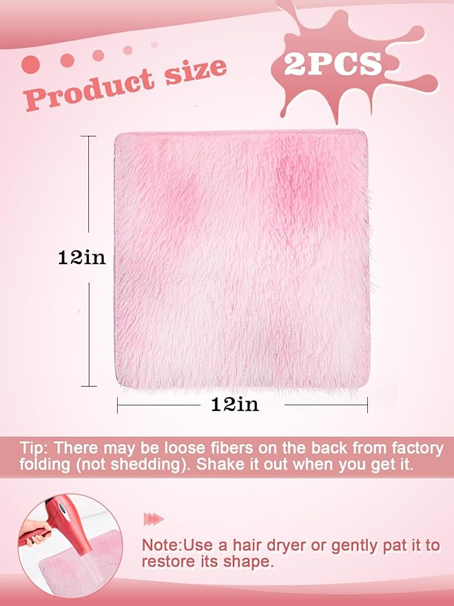 School Locker Rugs, Tie-dye 12 Inch Square Locker Decorations for Girls, Soft Fluffy Faux Fur Area Carpet with Anti-Slip Layer for Middle School Locker Decor Aesthetic Nail Photography (Pink, 2 Pcs)