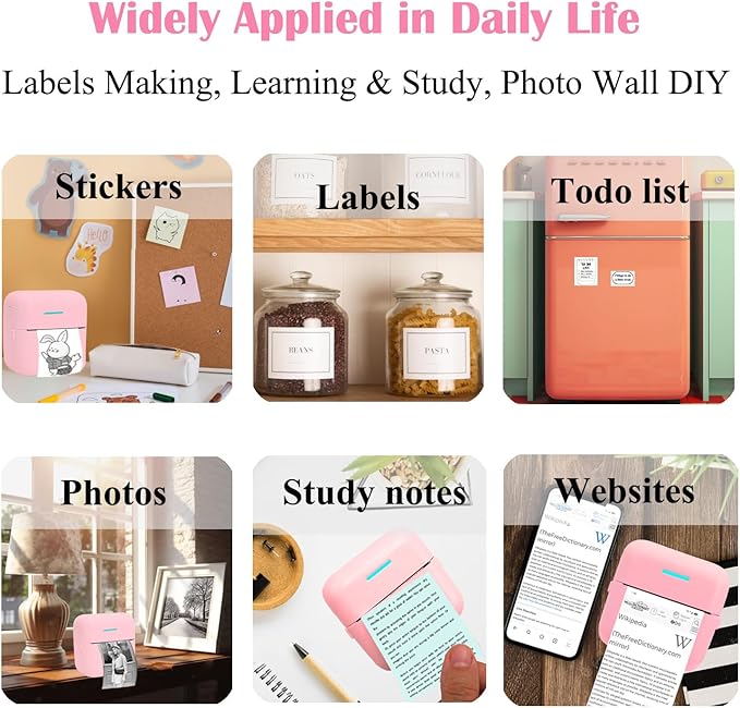 Mini Portable Printer, Inkless Sticker Printer with 12 Rolls Paper, Thermal for Notes/Photos/Stickers/Labels/Receipts, Compatible with iPhone, Android Phone & Tablet, Pink