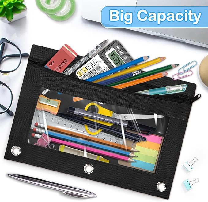 72 PCS Pencil Pouch for 3 Ring Binder, Durable 3 Ring Black Pencil Pouches with Clear Window, Binder Pencil Pouch Bulk for Classroom Office School Supplies